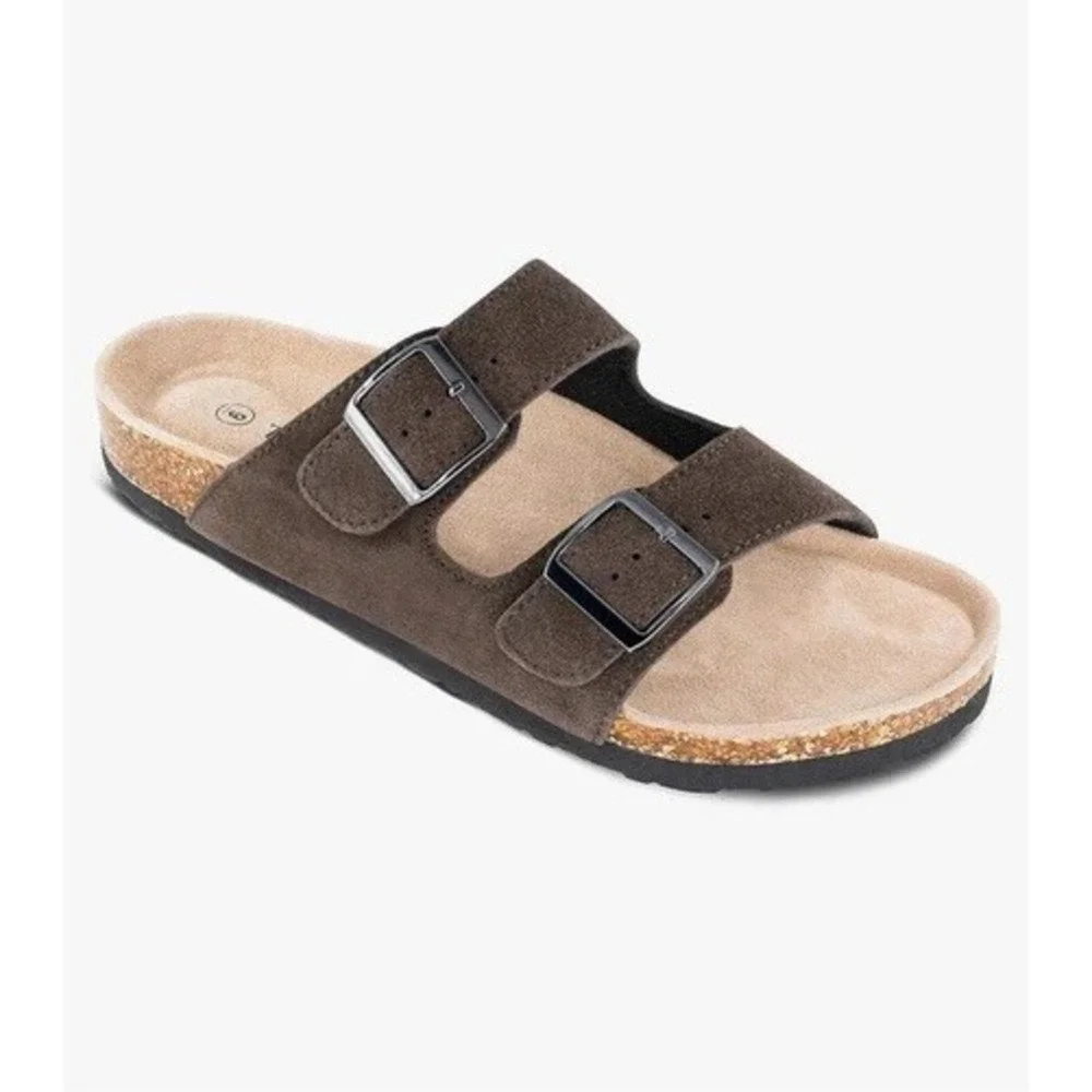 TF STAR Cow Suede Leather Slide Sandals 2-Strap Adjustable Buckle Casual Men's 9